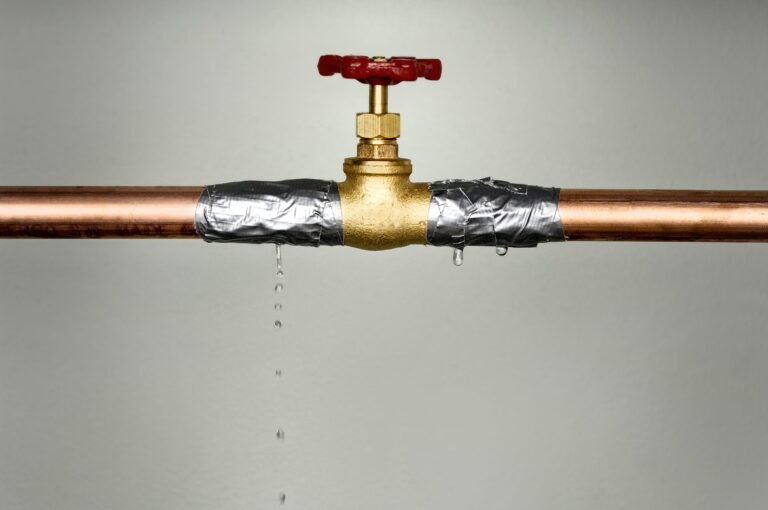 Leaking copper pipe with a shut-off valve and temporary tape repair-Burst pipe repair Beldon