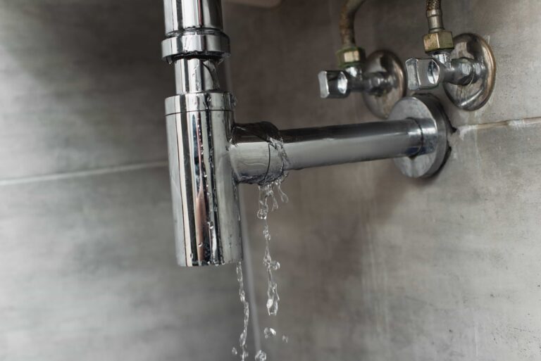 Leaking chrome water pipe near shut-off valves on tiled wall 