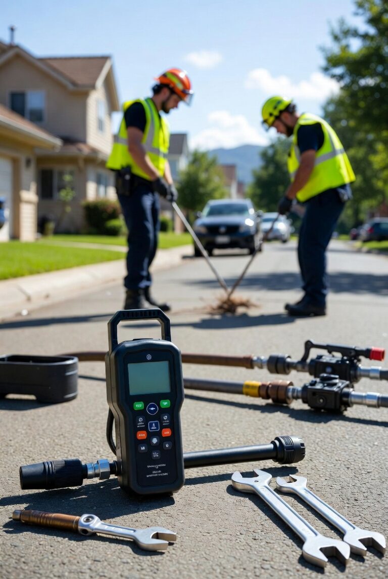 Gas Leak  detection tools and workers in safety gear repairing a street-Gas Leak Repair Caversham