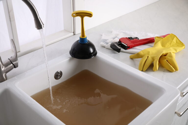 Blocked kitchen sink with dirty water and plunger, rubber gloves, and wrench on the counter-Blocked Drain Cleaning Ashfield