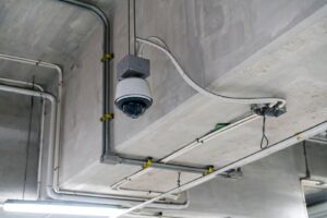 Ceiling-mounted security camera with visible wiring in a concrete ceiling