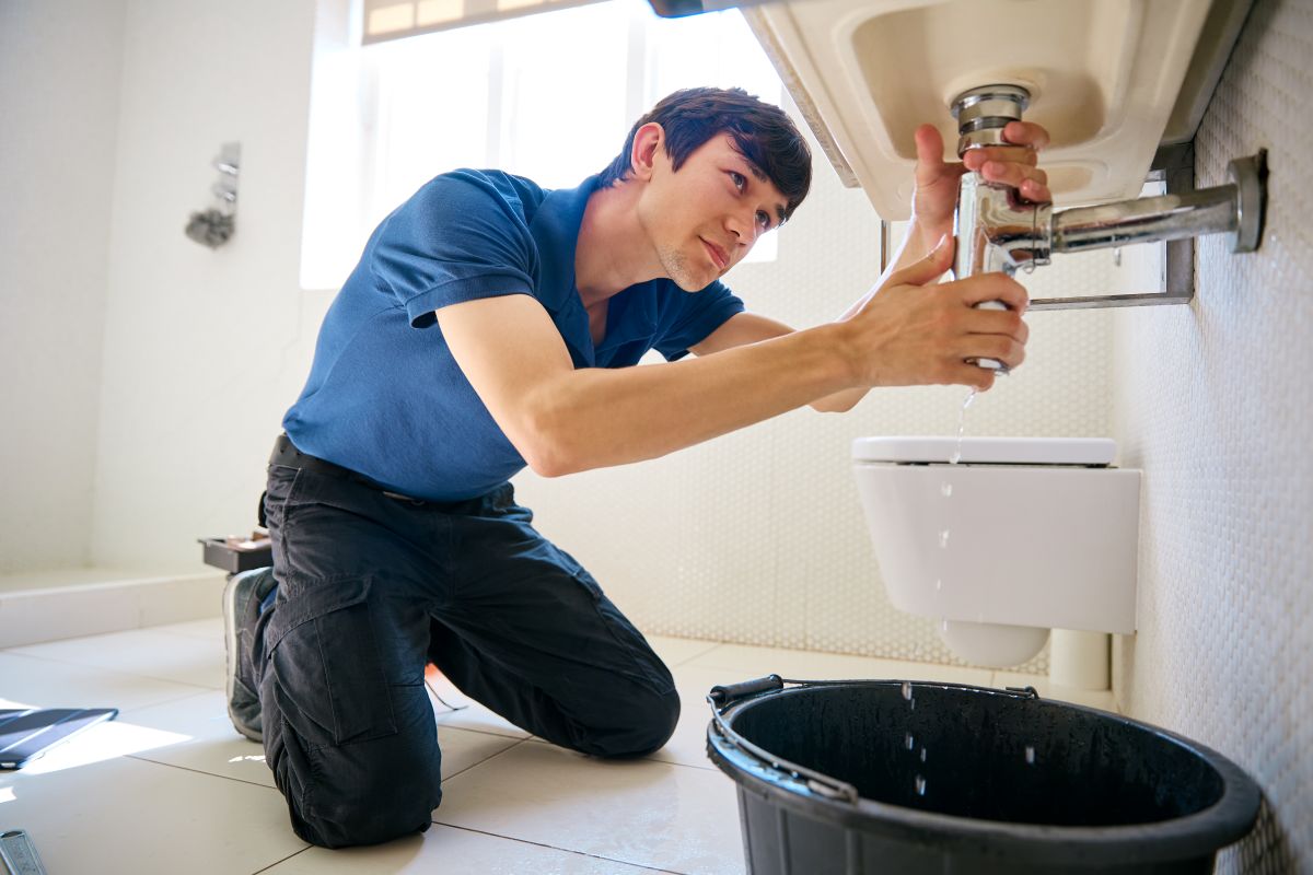 a man trying to shut off water from a leaking sink in his perth home 1