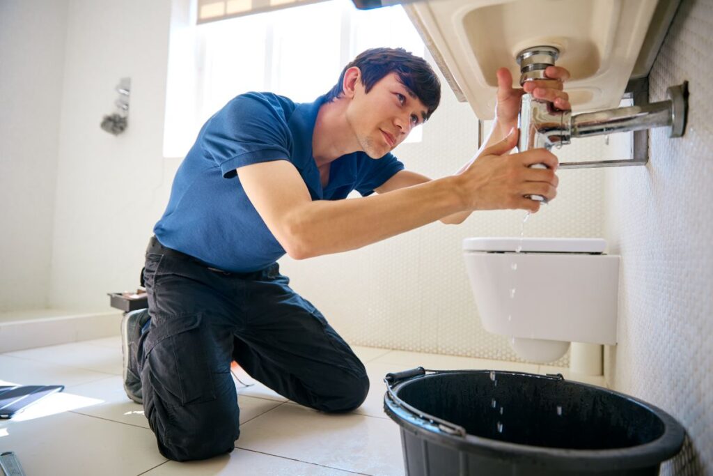 a man trying to shut off water from a leaking sink in his perth home